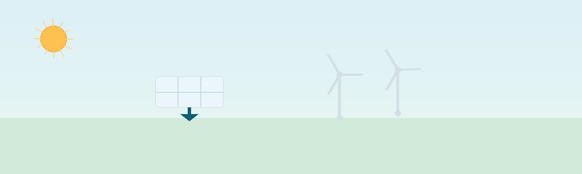 Clean energy animation: sun, wind turbines, EV, solar panel